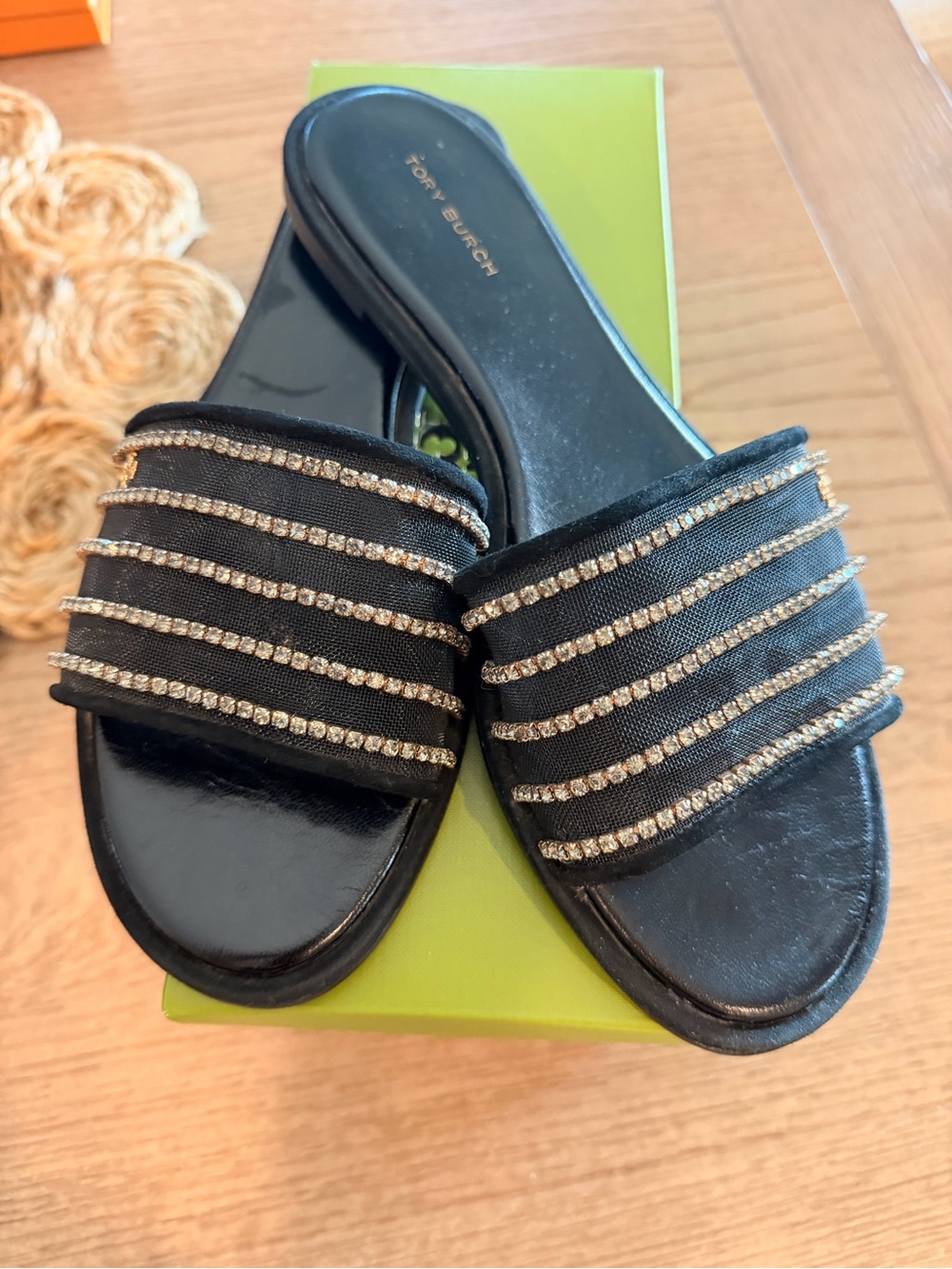 Tory Burch Black Crystal-Striped Slide Sandals